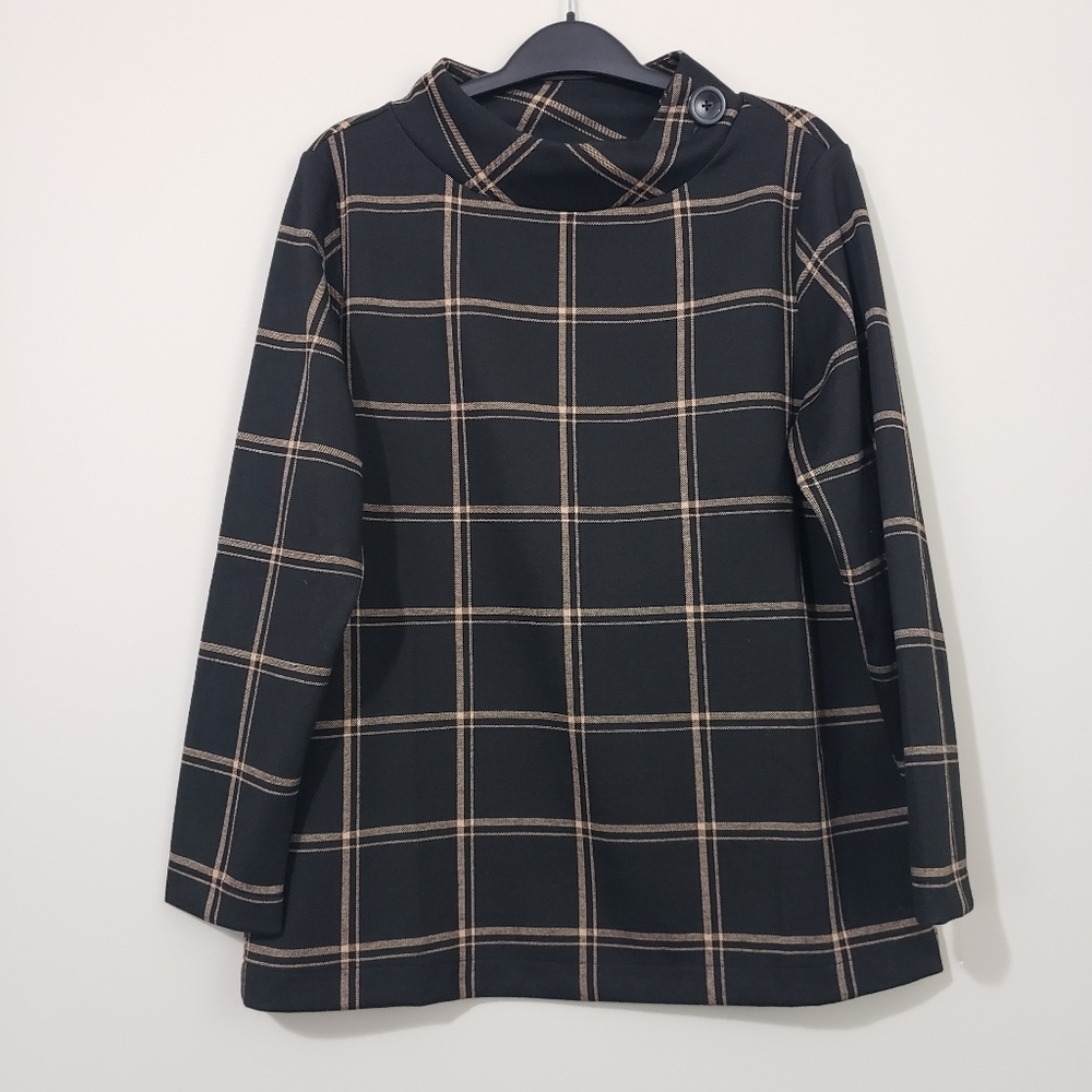 Ann Taylor Brown & Tan Plaid Mock Neck Top Size Medium